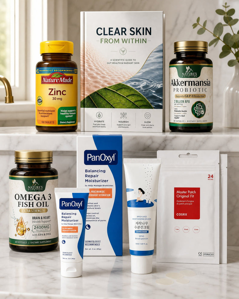 Kazven 30-Day Gut-Skin Reset Kit (3-kit pack): omega-3, zinc, probiotic, Barrier Gel, sunscreen SPF 45, spot patches and guide