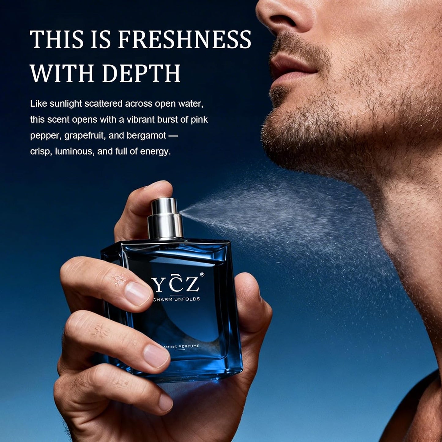 YCZ Midnight Marine Eau De Parfum for Men 50ml / 1.7 fl oz – Fresh Marine & Woody Cologne with Grapefruit, Ginger, and Cedar Notes