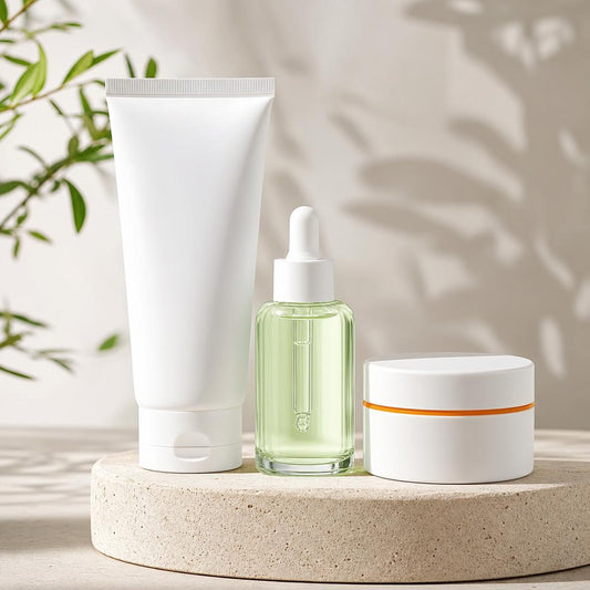 3-Step Clear Skin System: cleanser tube, serum dropper bottle, and cream jar together on a stone pedestal