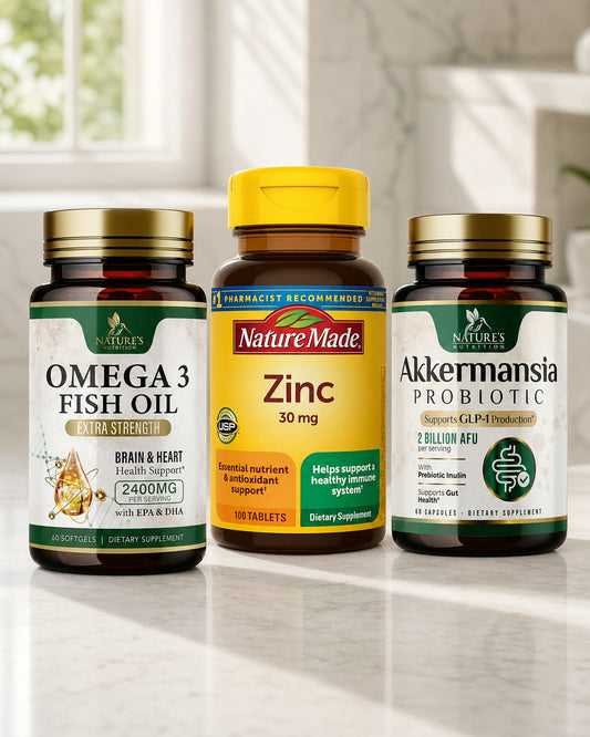 Kazven Gut-Skin Internal Pack: Nature's Nutrition omega-3 fish oil, Nature Made zinc 30 mg and Nature's Nutrition Akkermansia probiotic